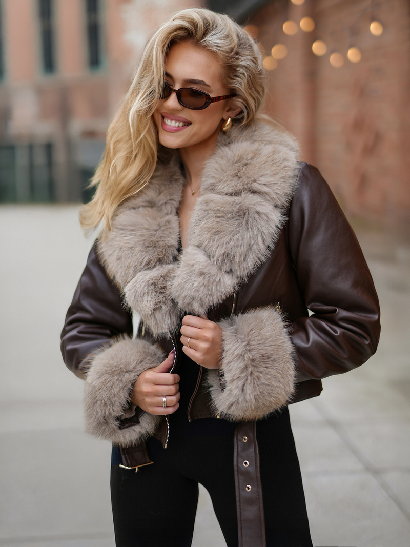 Geacă de piele pentru femei ciocolată OZONEE JS/61M8511/158