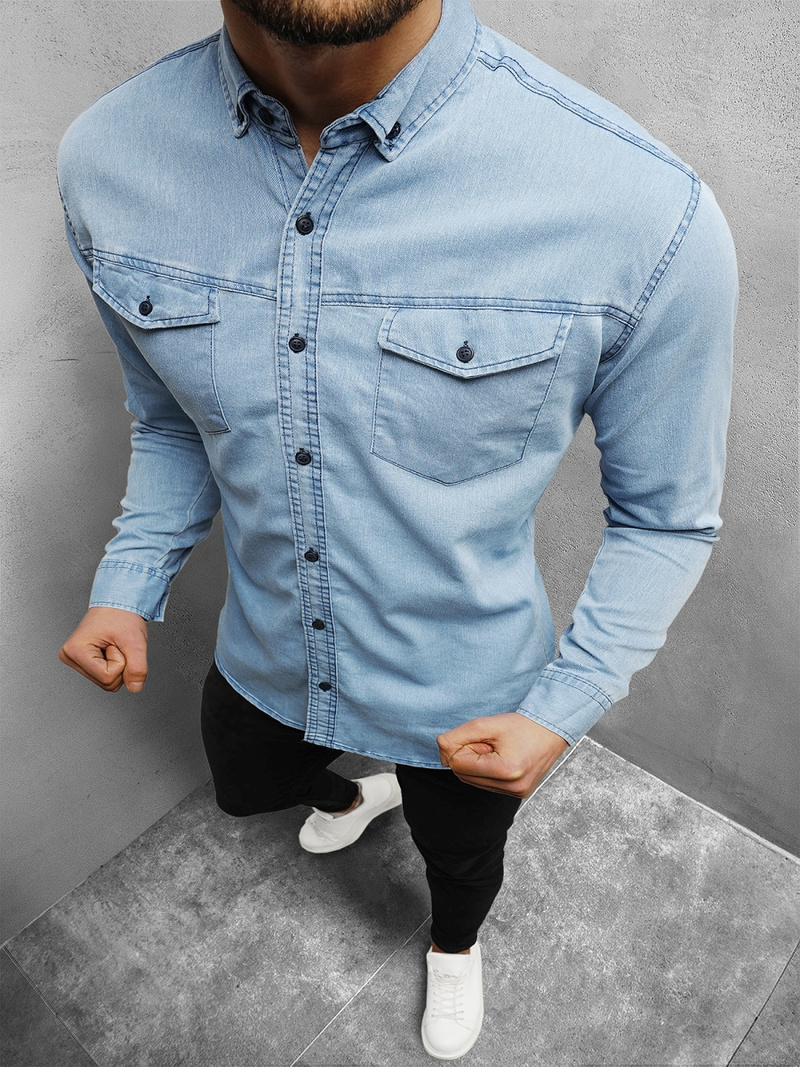 Cămașă de blugi bărbați albastră deschis OZONEE O/K1263