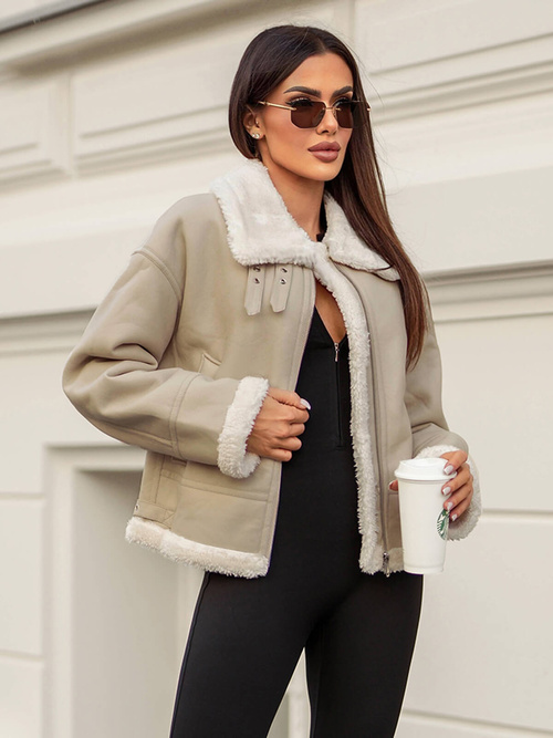 Geacă de piele pentru femei bej OZONEE JS/11Z8178