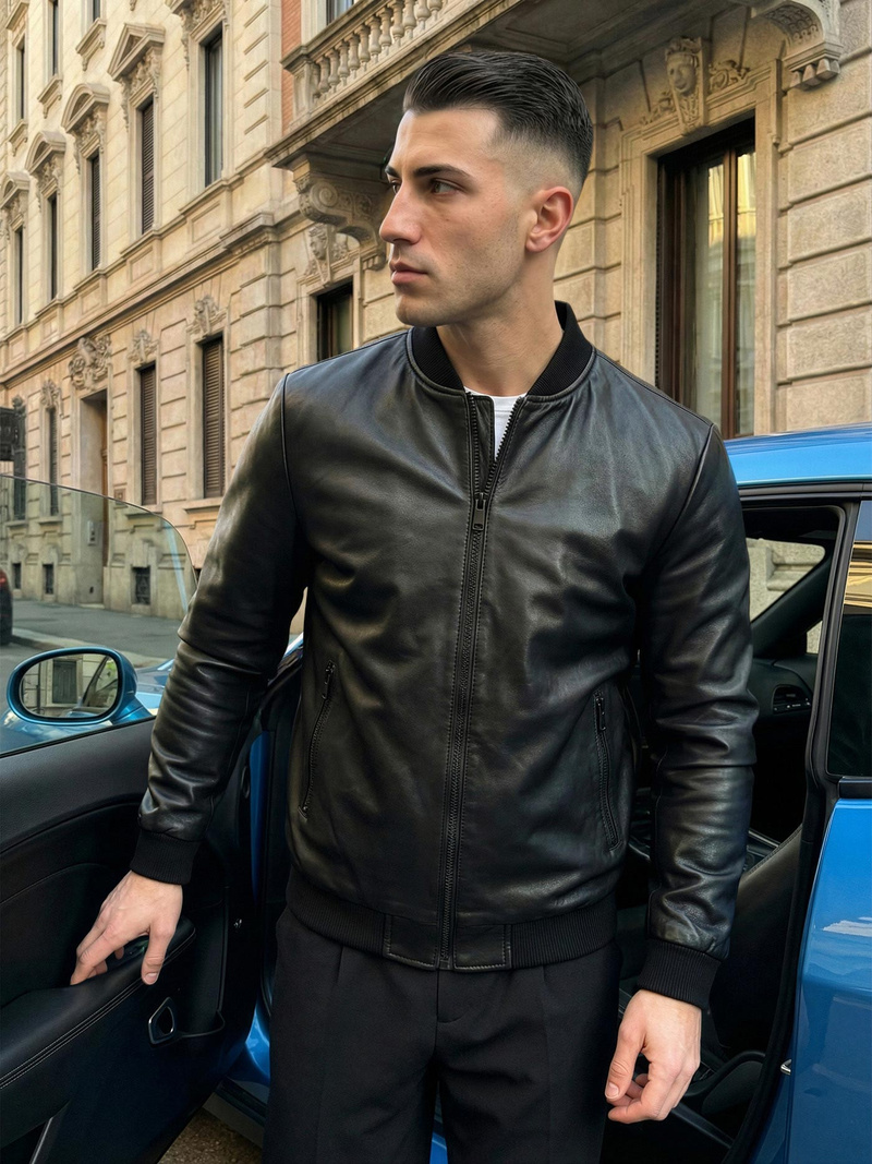 Geacă de piele bărbați neagră OZONEE JS/11Z8105Z