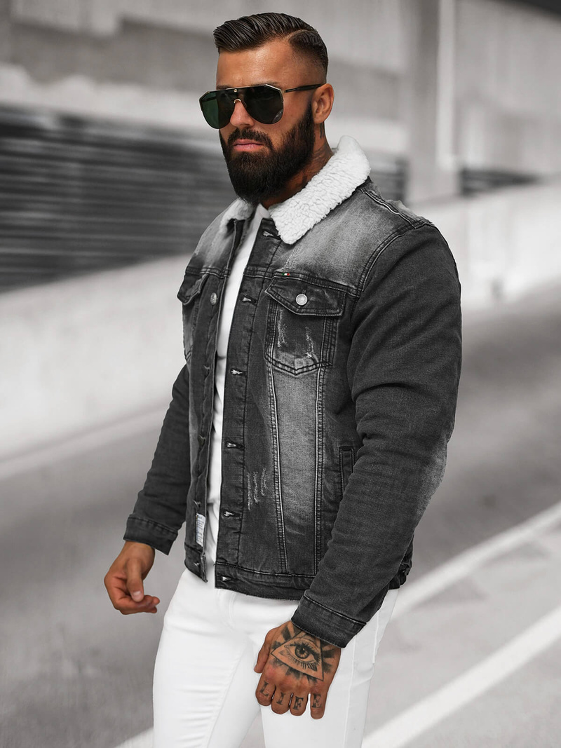 Jachetă de blugi bărbați sherpa neagră OZONEE NB/MJ513N