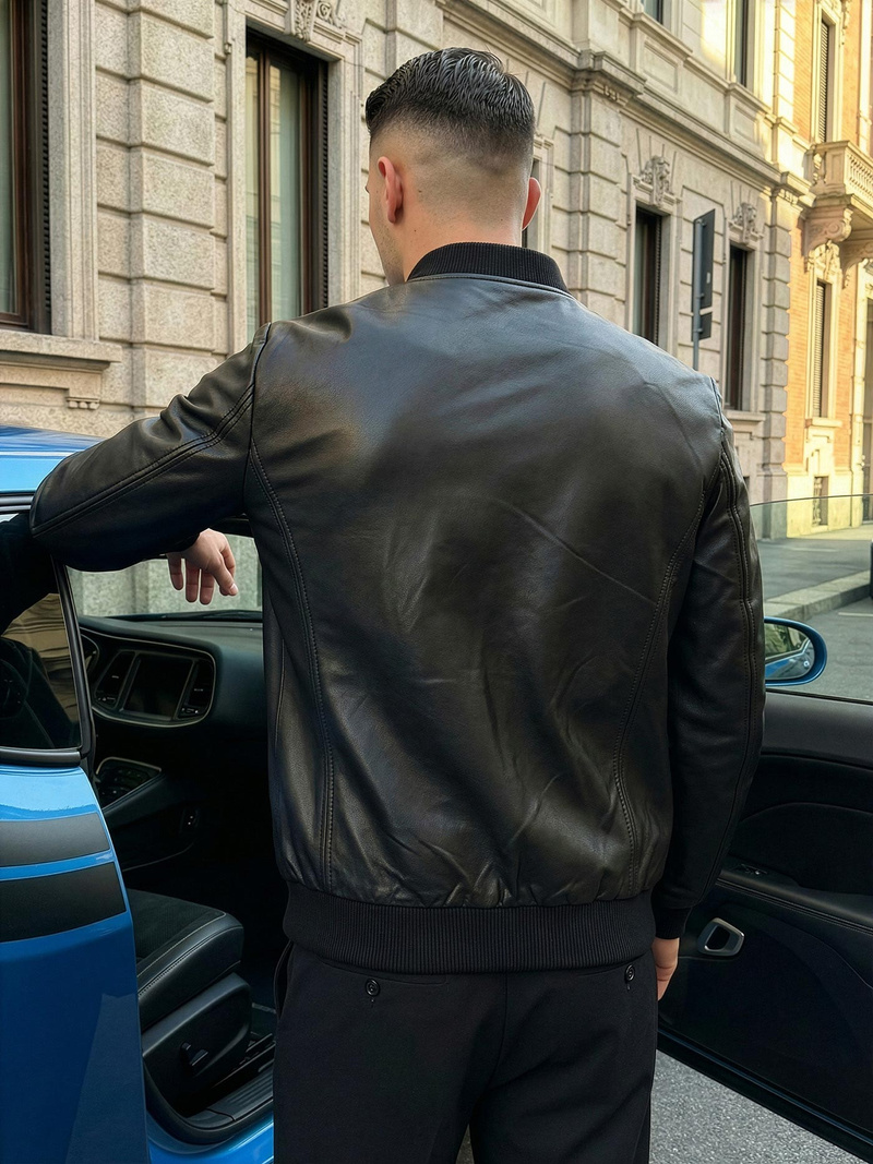 Geacă de piele bărbați neagră OZONEE JS/11Z8105Z