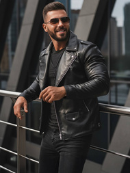 Geacă de piele bărbați neagră OZONEE JS/11Z8014Z