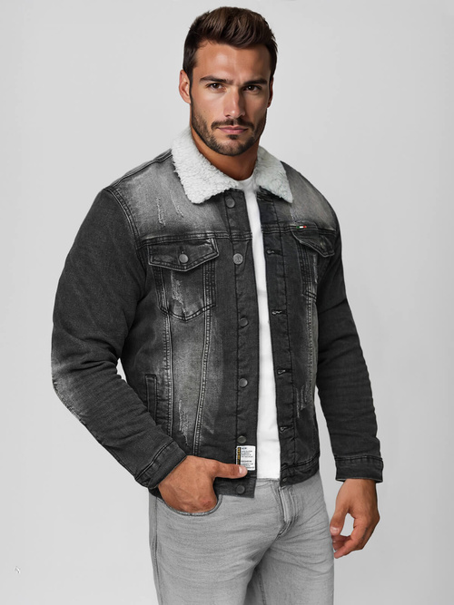 Jachetă de blugi bărbați sherpa neagră OZONEE NB/MJ513NZ