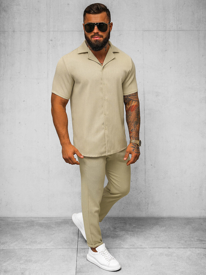 Cămașă cu mâneca scurtă bărbați bej OZONEE O/Y971T