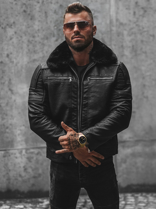 Geacă de piele bărbați neagră OZONEE JS/11Z8013Z
