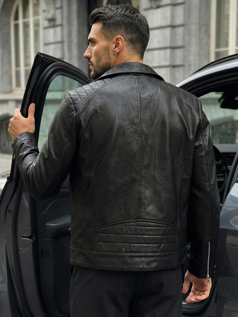 Geacă de piele bărbați neagră OZONEE JS/11Z8067Z