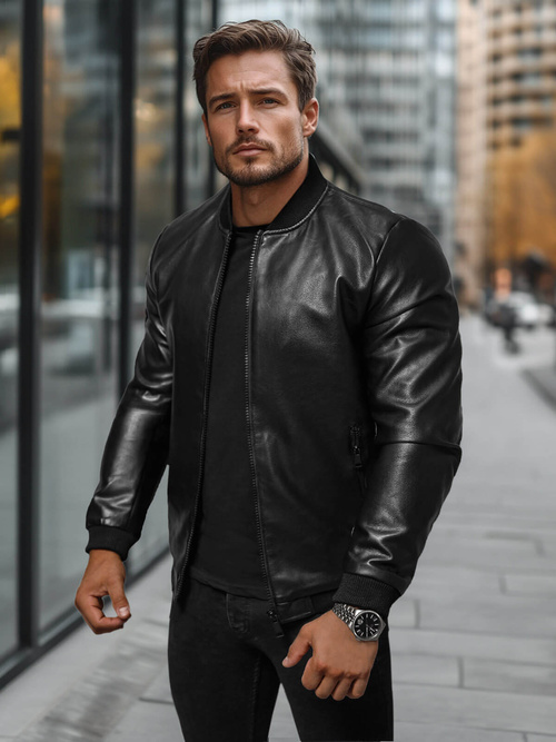 Geacă de piele bărbați neagră OZONEE JS/11Z8105Z
