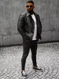 Geacă de piele bărbați neagră OZONEE JS/11Z8005