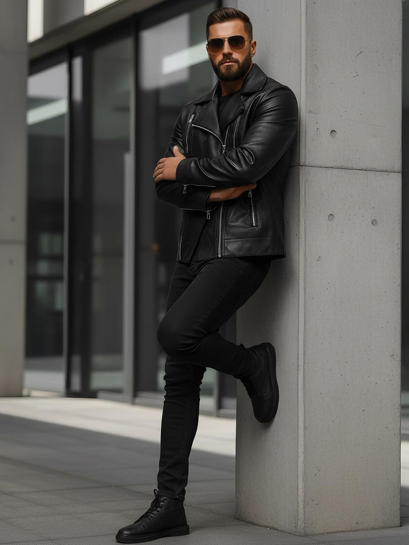 Geacă de piele bărbați neagră OZONEE JS/11Z8067Z