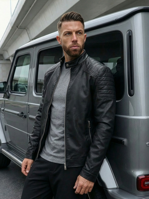 Geacă de piele bărbați neagră OZONEE JS/11Z8139