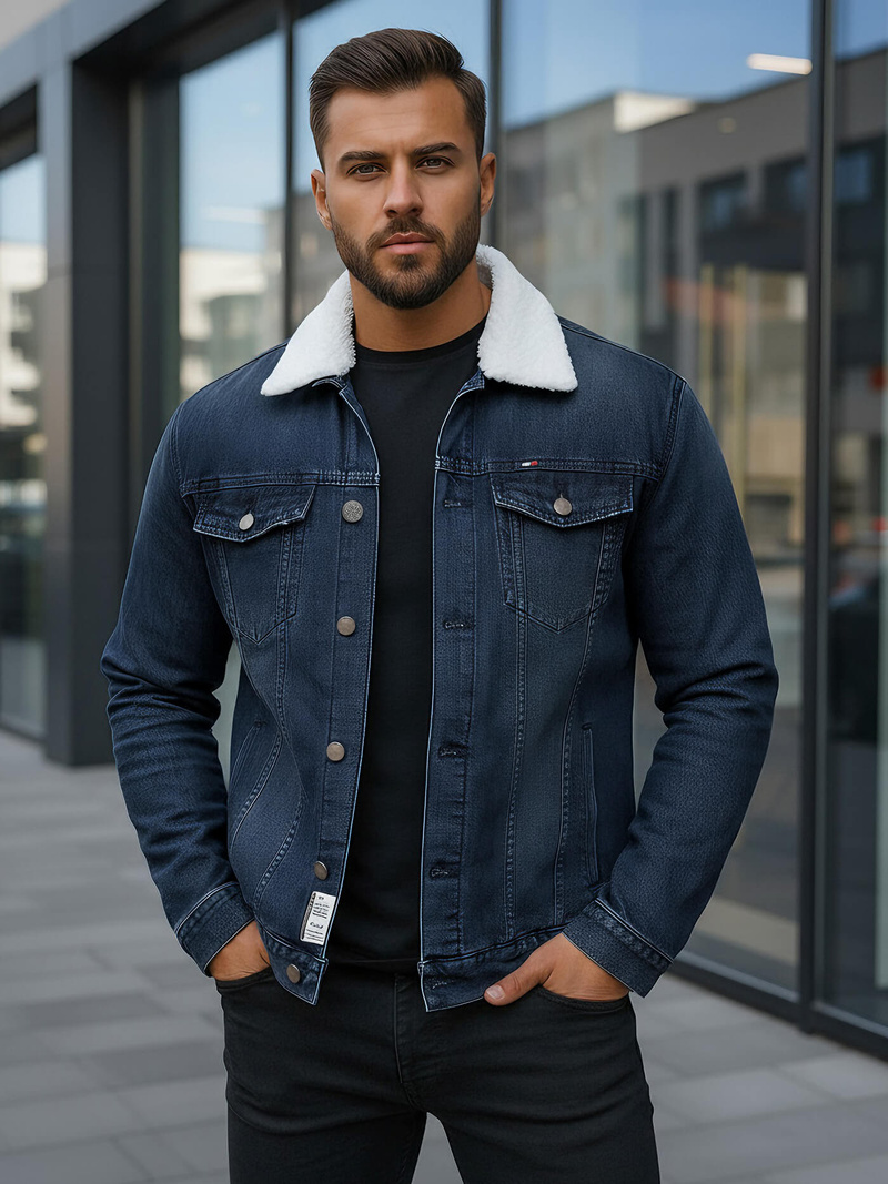 Jachetă de blugi bărbați sherpa albastru marin OZONEE NB/MJ517BSZ