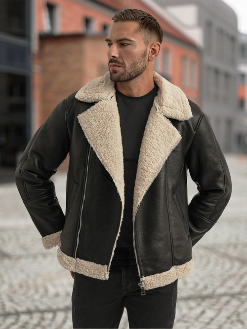 Geacă de piele bărbați neagră OZONEE JS/11Z8273