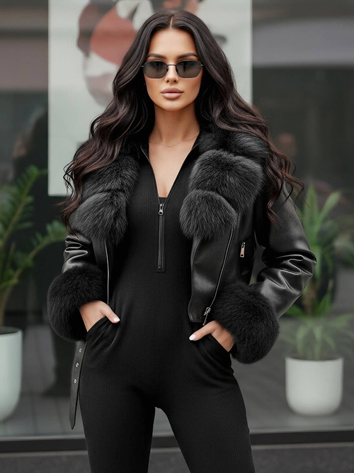 Geacă de piele pentru femei neagra OZONEE JS/61M8511/392AZ