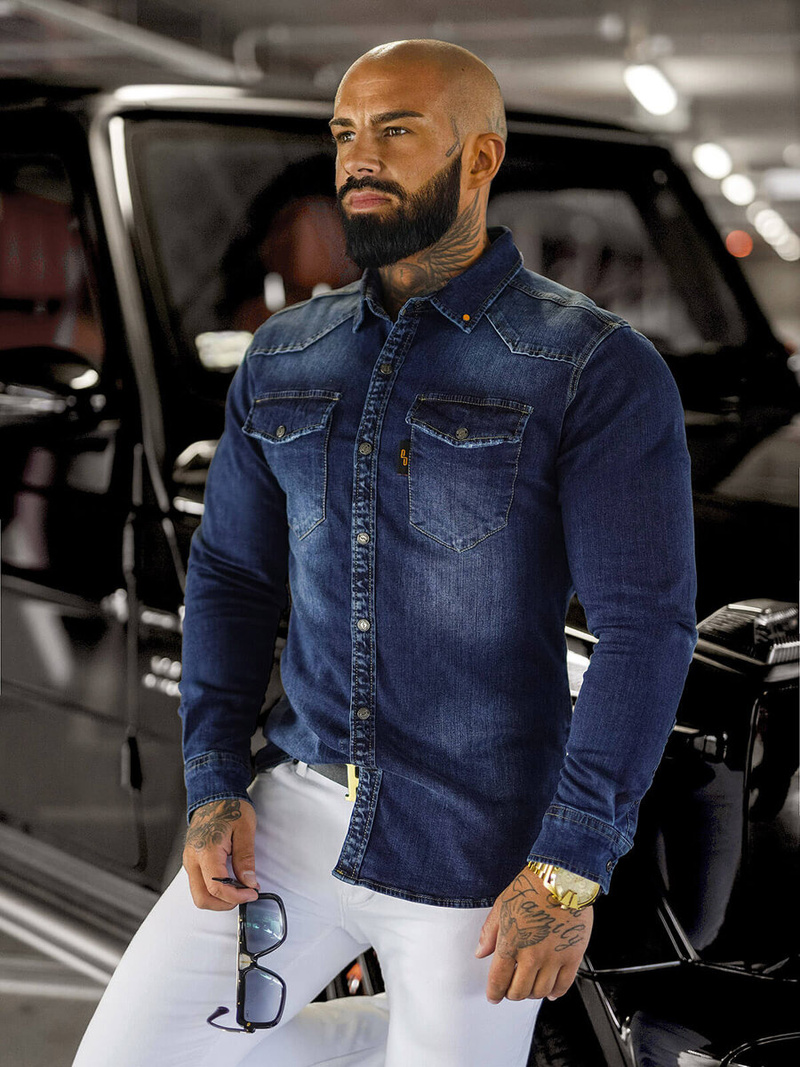 Cămașă de blugi bărbați albastră OZONEE O/51410