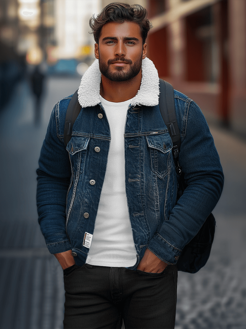 Jachetă de blugi bărbați sherpa albastră închis OZONEE NB/MJ516BSZ