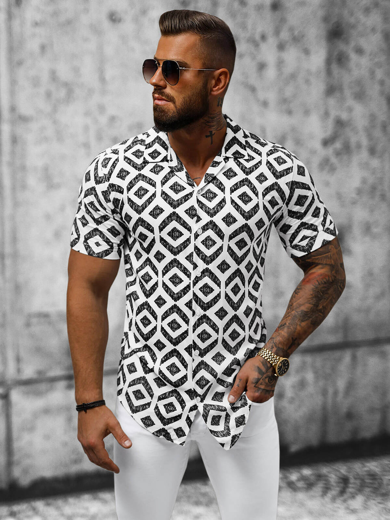 Cămașă cu mâneca scurtă bărbați albă-neagră OZONEE E/1400/26Z