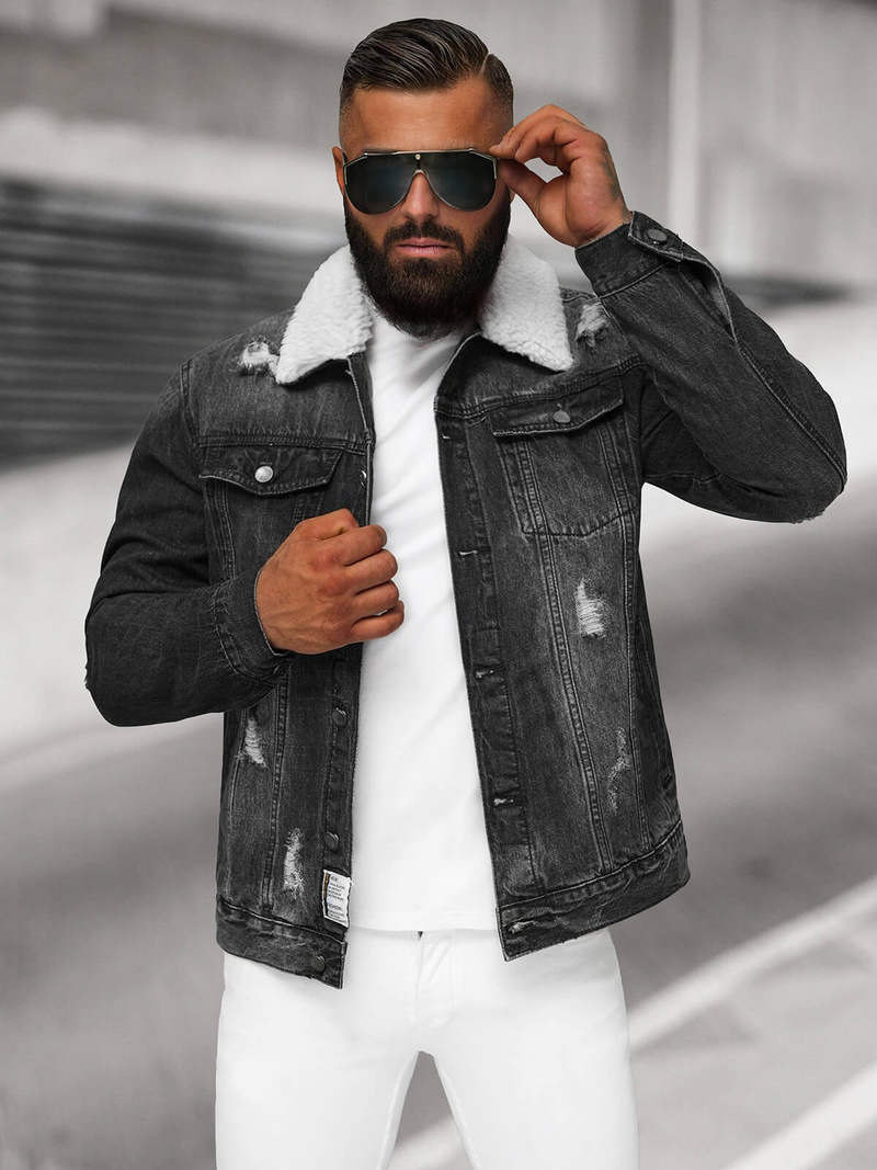 Jachetă de blugi bărbați sherpa neagră OZONEE NB/MJ502NZ