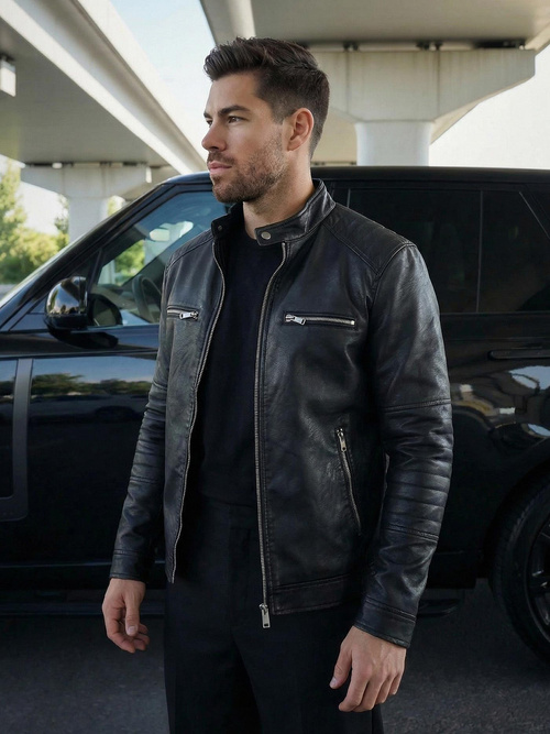 Geacă de piele bărbați neagră OZONEE JS/11Z8066