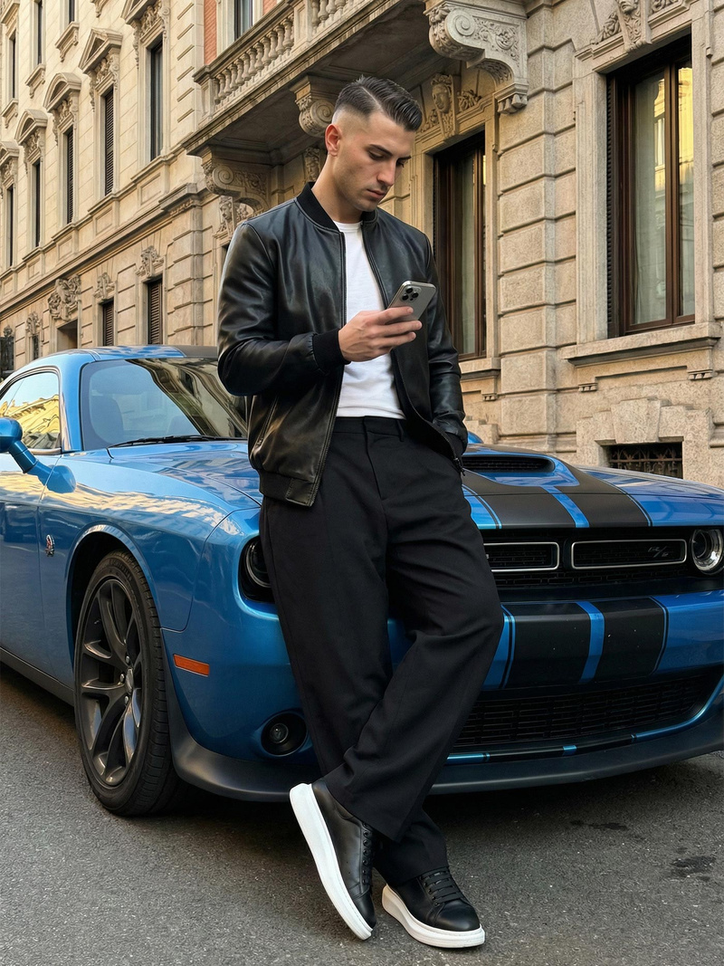 Geacă de piele bărbați neagră OZONEE JS/11Z8105Z