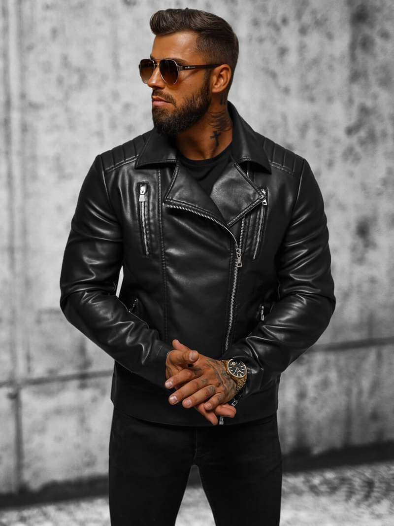 Geacă de piele bărbați neagră OZONEE JS/11Z8056