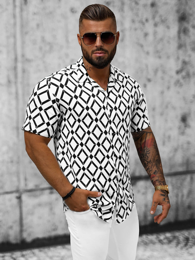 Cămașă cu mâneca scurtă bărbați albă-neagră OZONEE E/1400/139Z