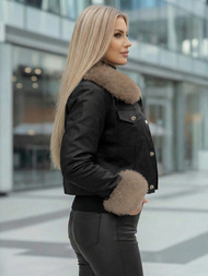 Geacă de piele pentru femei neagră-bej OZONEE JS/61M8513/392B