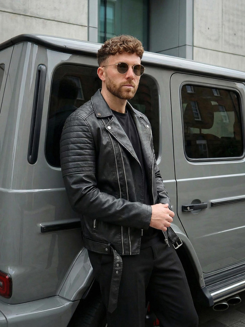 Geacă de piele bărbați neagră OZONEE JS/11Z8069