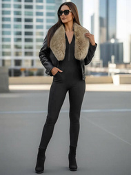 Geacă de piele pentru femei neagră-bej OZONEE JS/61M8508/392BZ