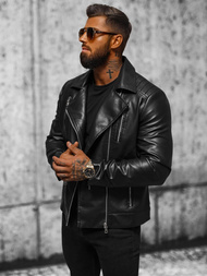 Geacă de piele bărbați neagră OZONEE JS/11Z8056