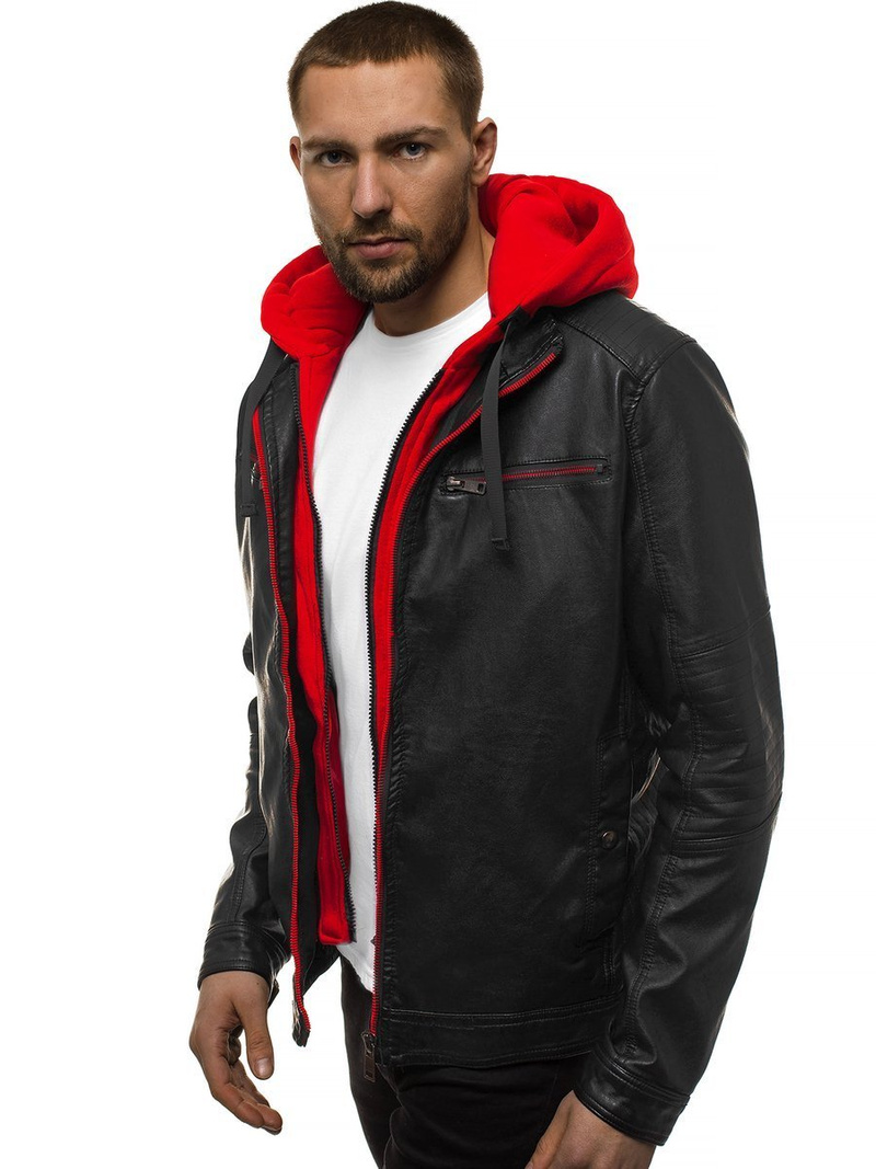 Geacă de piele bărbați neagră-roșie OZONEE N/6129Z