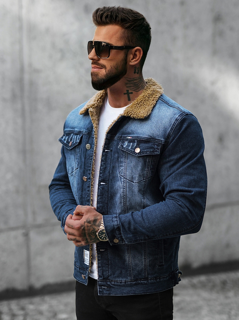 Jachetă de blugi bărbați sherpa albastră închis OZONEE NB/MJ520BSZ