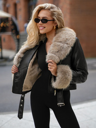 Geacă de piele pentru femei neagră-bej OZONEE JS/61M8511/392B