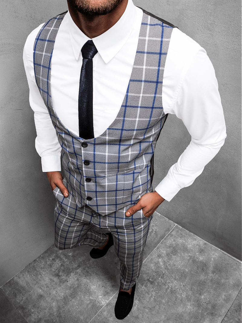 Set pentru bărbați - Vestă de costum cu pantaloni chino, gri-albastru OZONEE DJ/5602