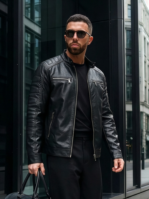 Geacă de piele bărbați neagră OZONEE JS/11Z8138