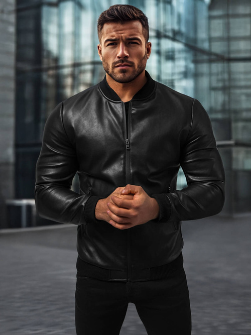 Geacă de piele bărbați neagră OZONEE JS/11Z8015Z
