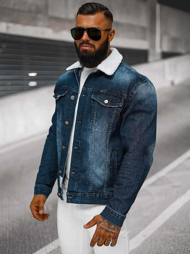 Jachetă de blugi bărbați sherpa albastră închis OZONEE NB/MJ516BSZ