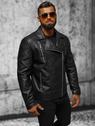 Geacă de piele bărbați neagră OZONEE JS/11Z8067