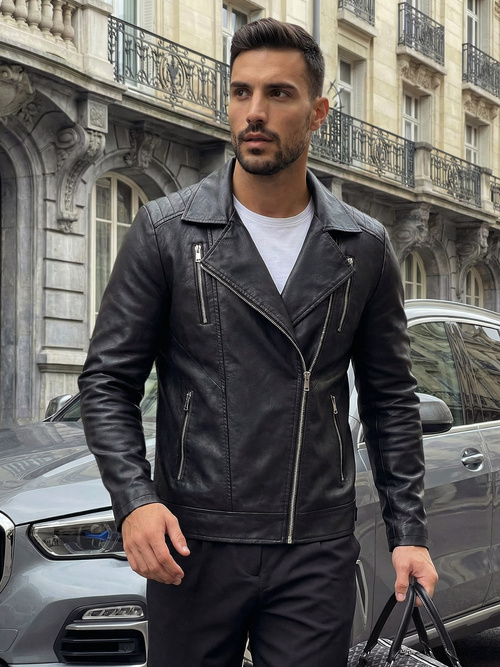 Geacă de piele bărbați neagră OZONEE JS/11Z8067Z