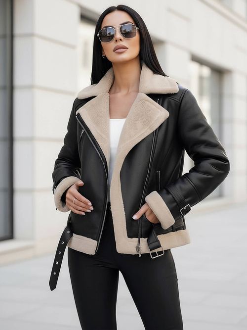 Geacă de piele pentru femei neagră-bej OZONEE JS/11Z8177Z