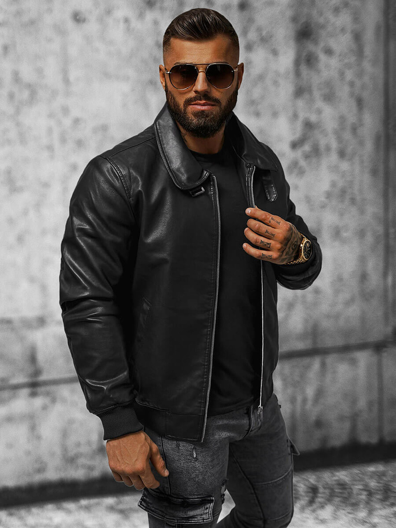 Geacă de piele bărbați neagră OZONEE JB/JP1178Z