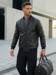 Geacă de piele bărbați neagră OZONEE JS/11Z8015Z