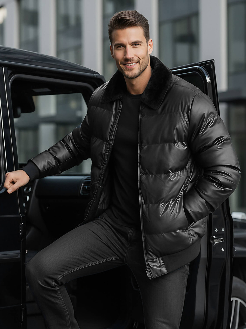 Geacă de piele bărbați neagră OZONEE O/M795Z