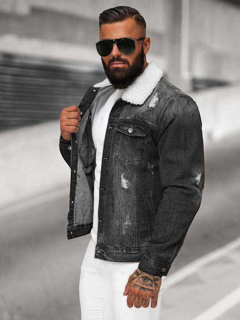 Jachetă de blugi bărbați sherpa neagră OZONEE NB/MJ502NZ