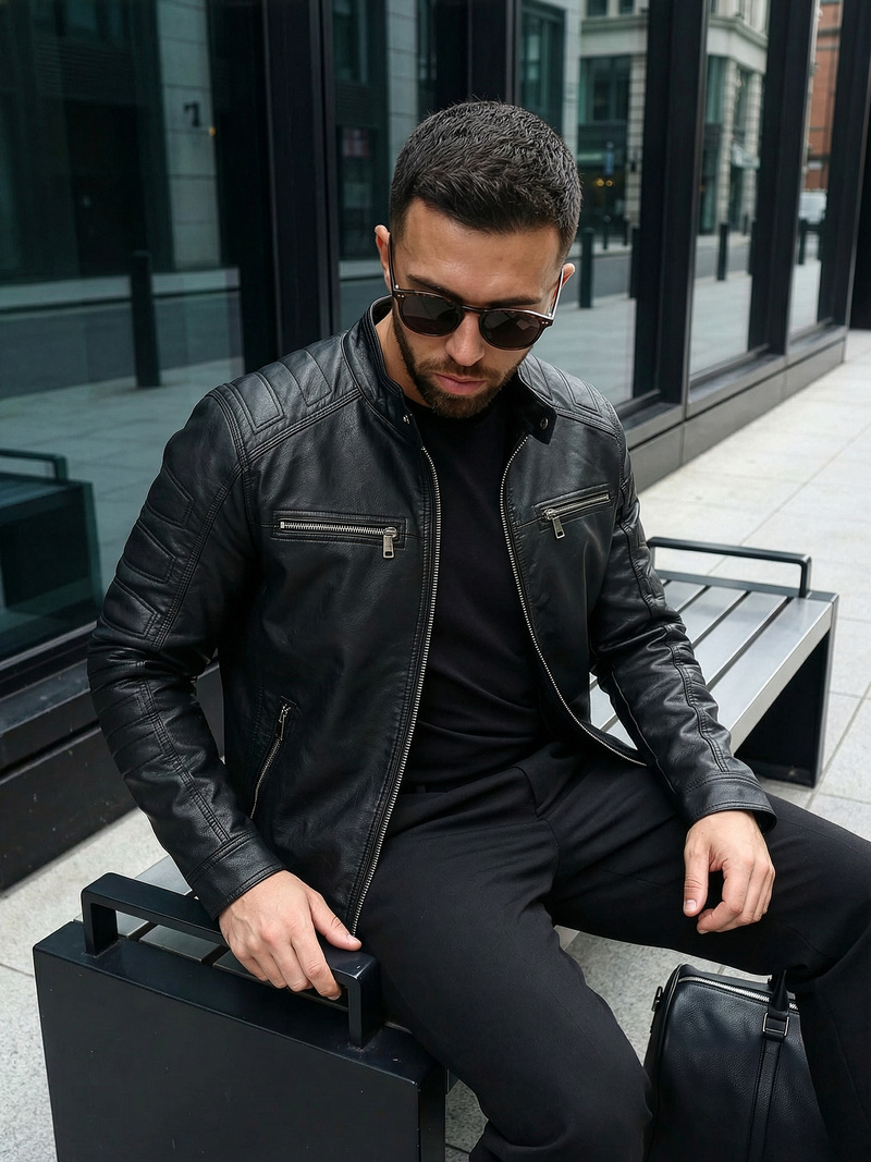 Geacă de piele bărbați neagră OZONEE JS/11Z8138