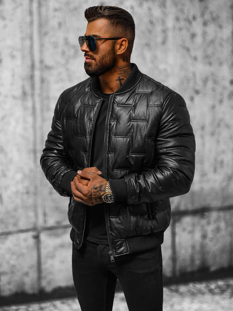 Geacă de piele bărbați neagră OZONEE O/11Z8099