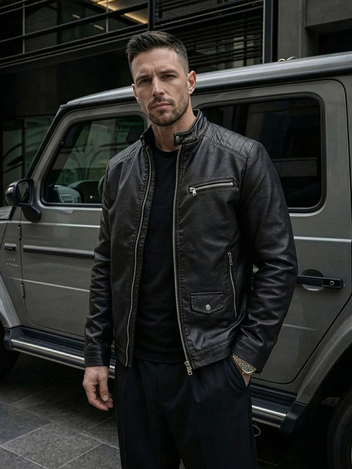 Geacă de piele bărbați neagră OZONEE JS/11Z8021