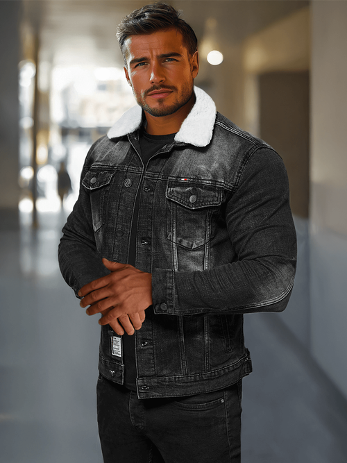 Jachetă de blugi bărbați sherpa neagră OZONEE NB/MJ516NZ