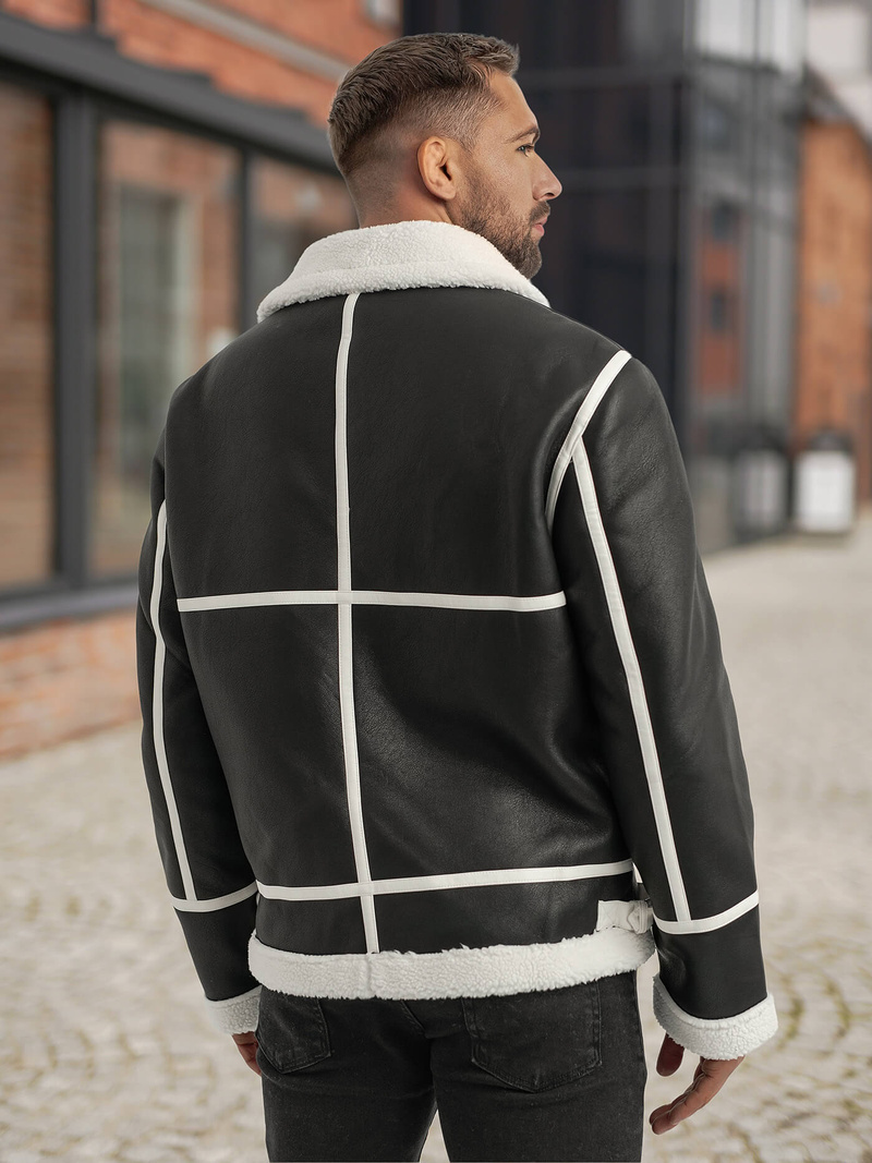 Geacă de piele bărbați neagră OZONEE JS/11Z8270