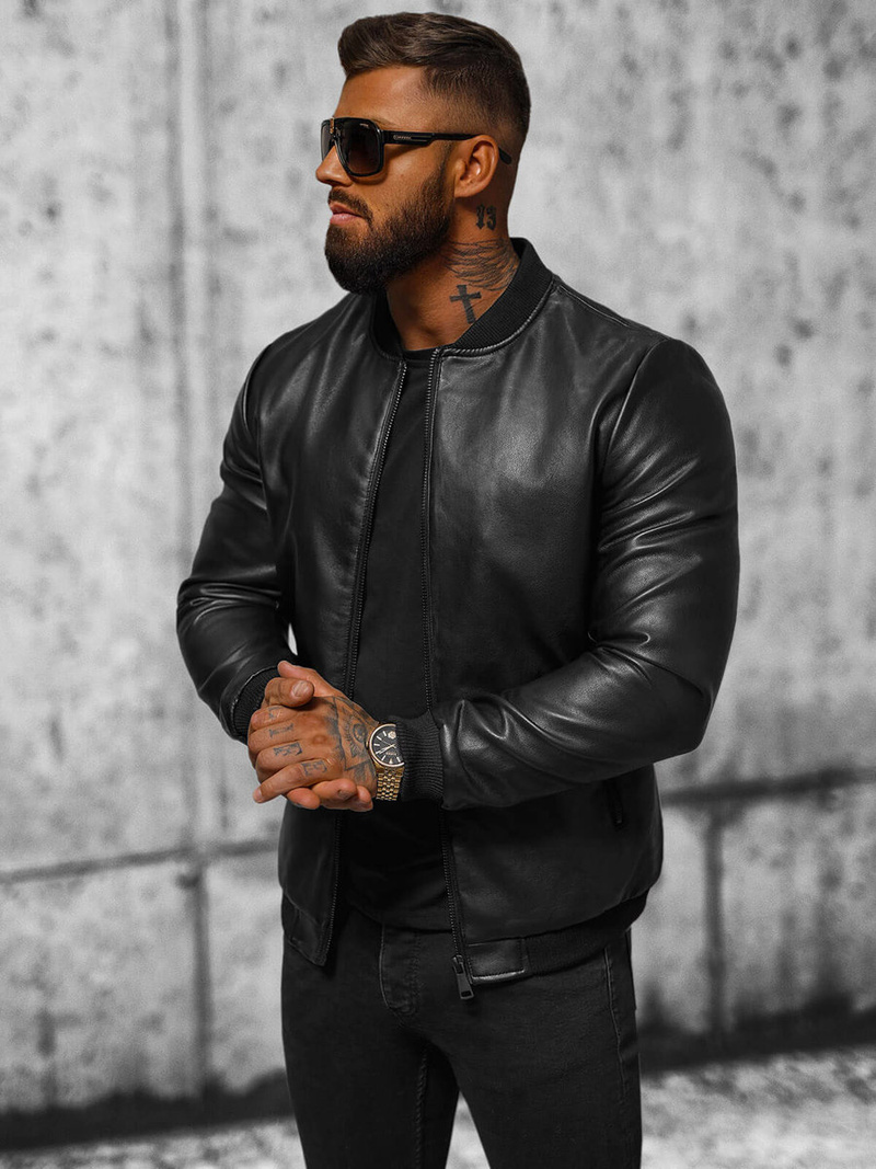 Geacă de piele bărbați neagră OZONEE JS/11Z8107